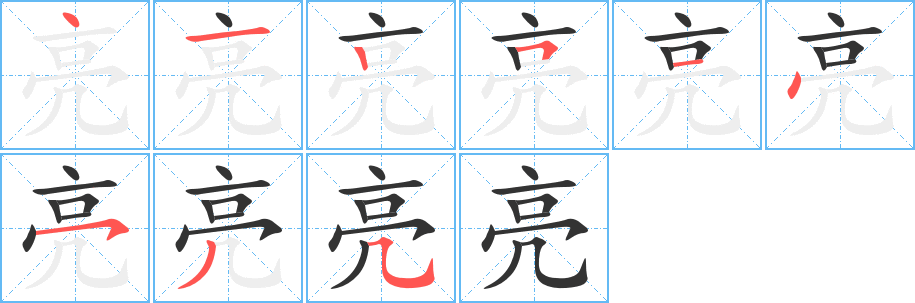 亮字的笔顺笔画分步演示