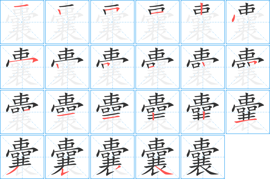 囊字的笔顺笔画分步演示