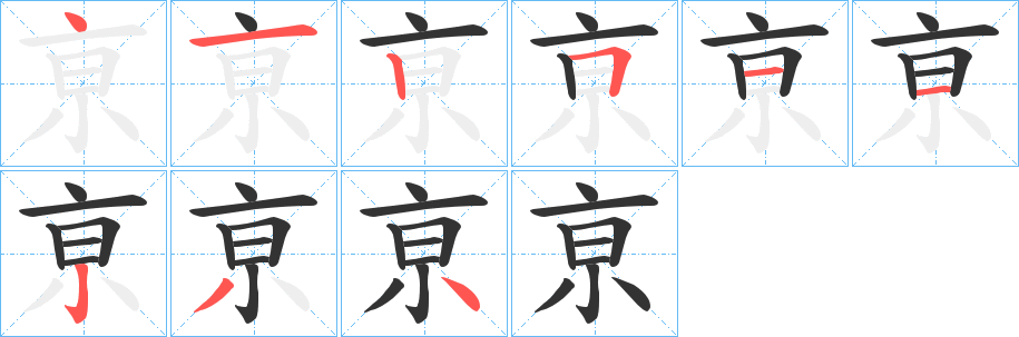亰字的笔顺笔画分步演示