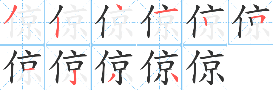 倞字的笔顺笔画分步演示