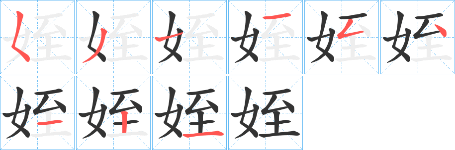 姪字的笔顺笔画分步演示