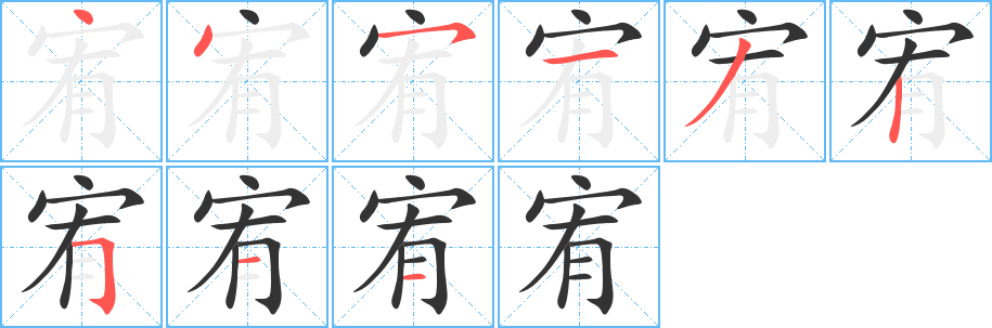 宥字的笔顺笔画分步演示