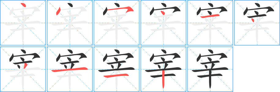 宰字的笔顺笔画分步演示