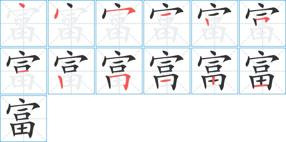 富字的笔顺笔画分步演示