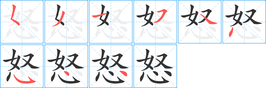 怒字的笔顺笔画分步演示