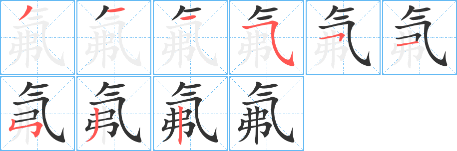氟字的笔顺笔画分步演示