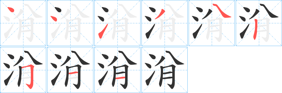洕字的笔顺笔画分步演示