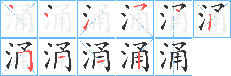 涌字的笔顺笔画分步演示