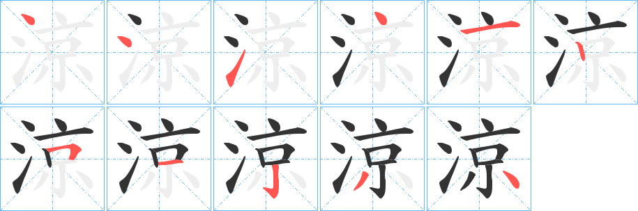 涼字的笔顺笔画分步演示