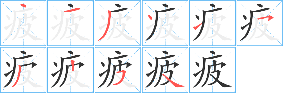 疲字的笔顺笔画分步演示
