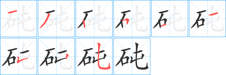砘字的笔顺笔画分步演示