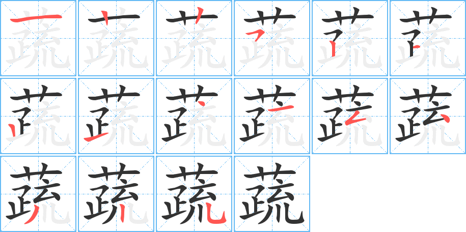 蔬字的笔顺笔画分步演示