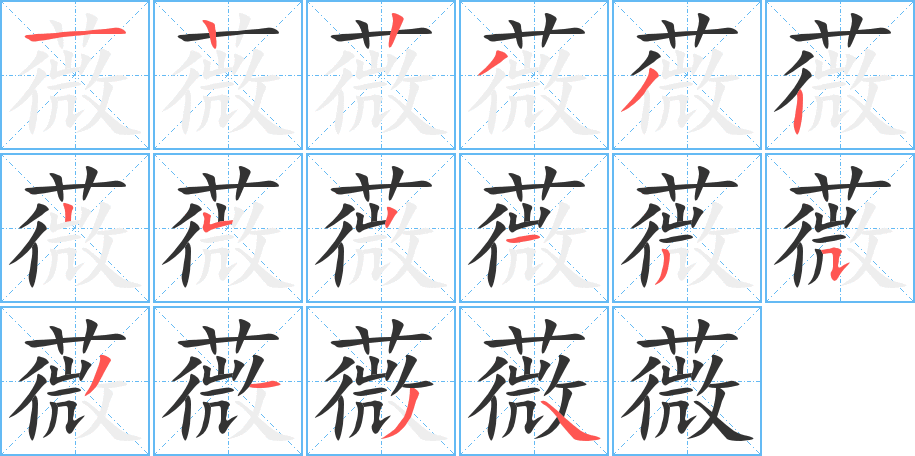 薇字的笔顺笔画分步演示