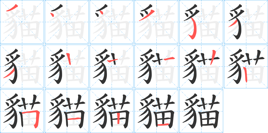 貓字的笔顺笔画分步演示