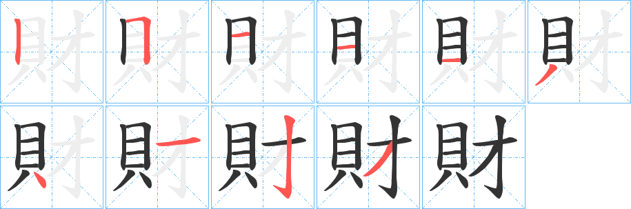 財字的笔顺笔画分步演示
