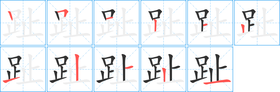 趾字的笔顺笔画分步演示