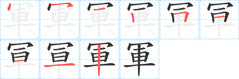 軍字的笔顺笔画分步演示