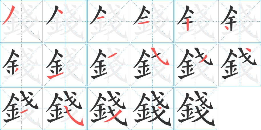 錢字的笔顺笔画分步演示