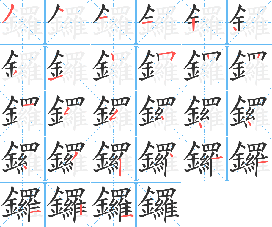 鑼字的笔顺笔画分步演示