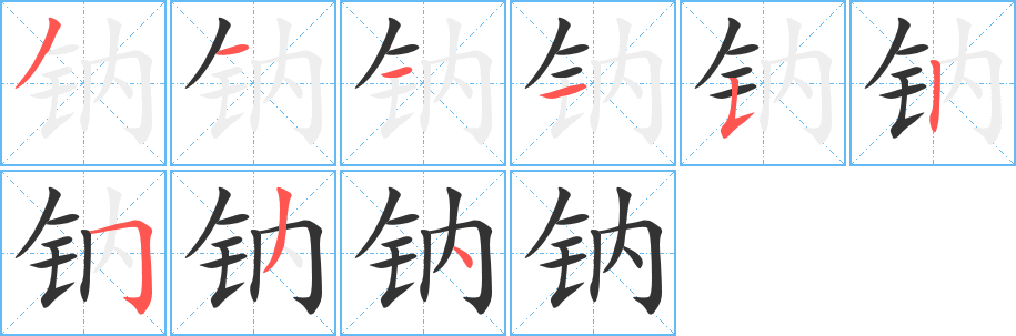 钠字的笔顺笔画分步演示