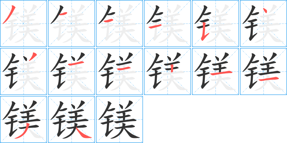 镁字的笔顺笔画分步演示