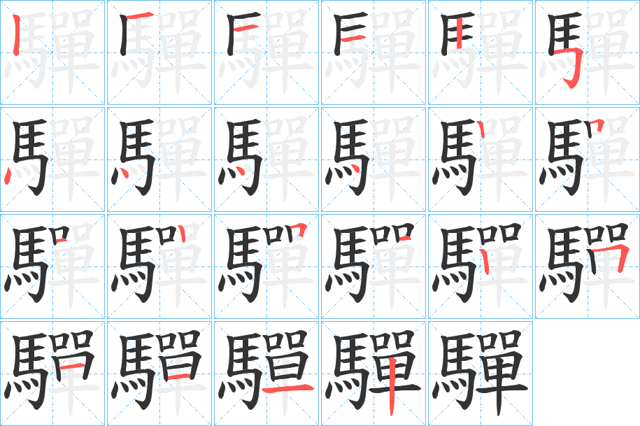 驒字的笔顺笔画分步演示